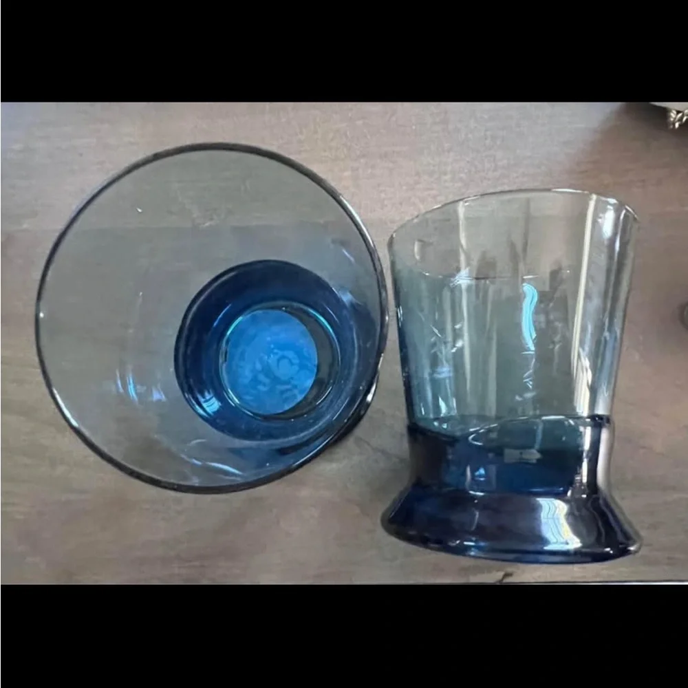 PIER 1. Set of Two Blue Wavy Glass Candle Holders. Holds 1” and Tealight Candles